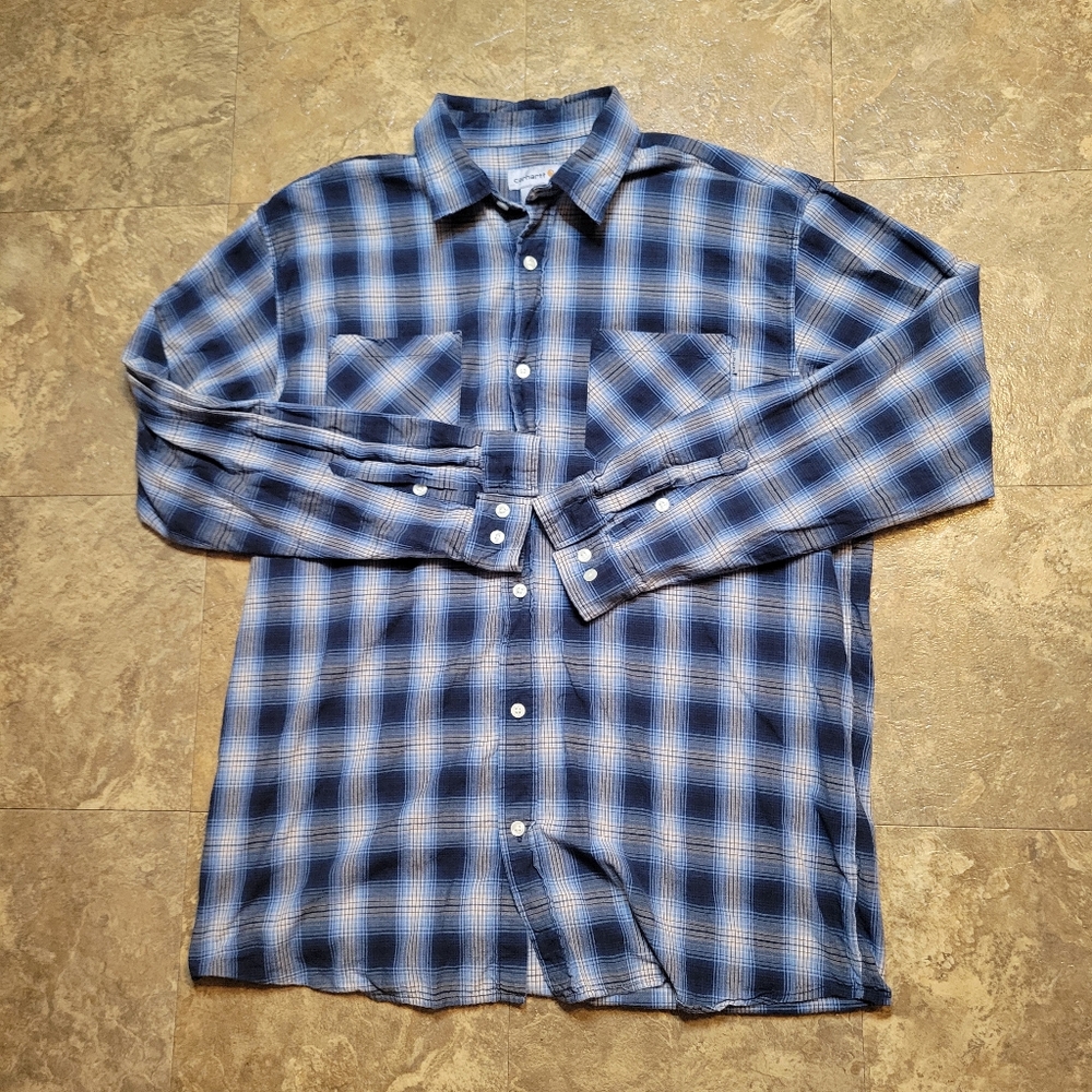 Carhartt Lightweight Plaid Shirt Mens XL Blue Button Up Long Sleeve Workwear